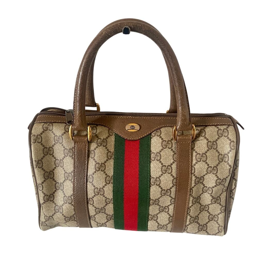 Vintage Gucci Tan Monogram Coated Canvas GG Plus Boston Top Handle Bag